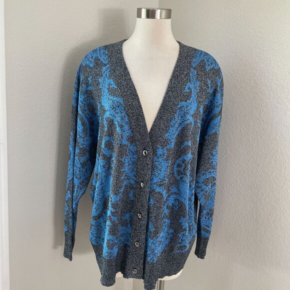 JM Collection Womens Plus 4X Metallic Threaded Cardigan Sweater Blue Black - Picture 2 of 13